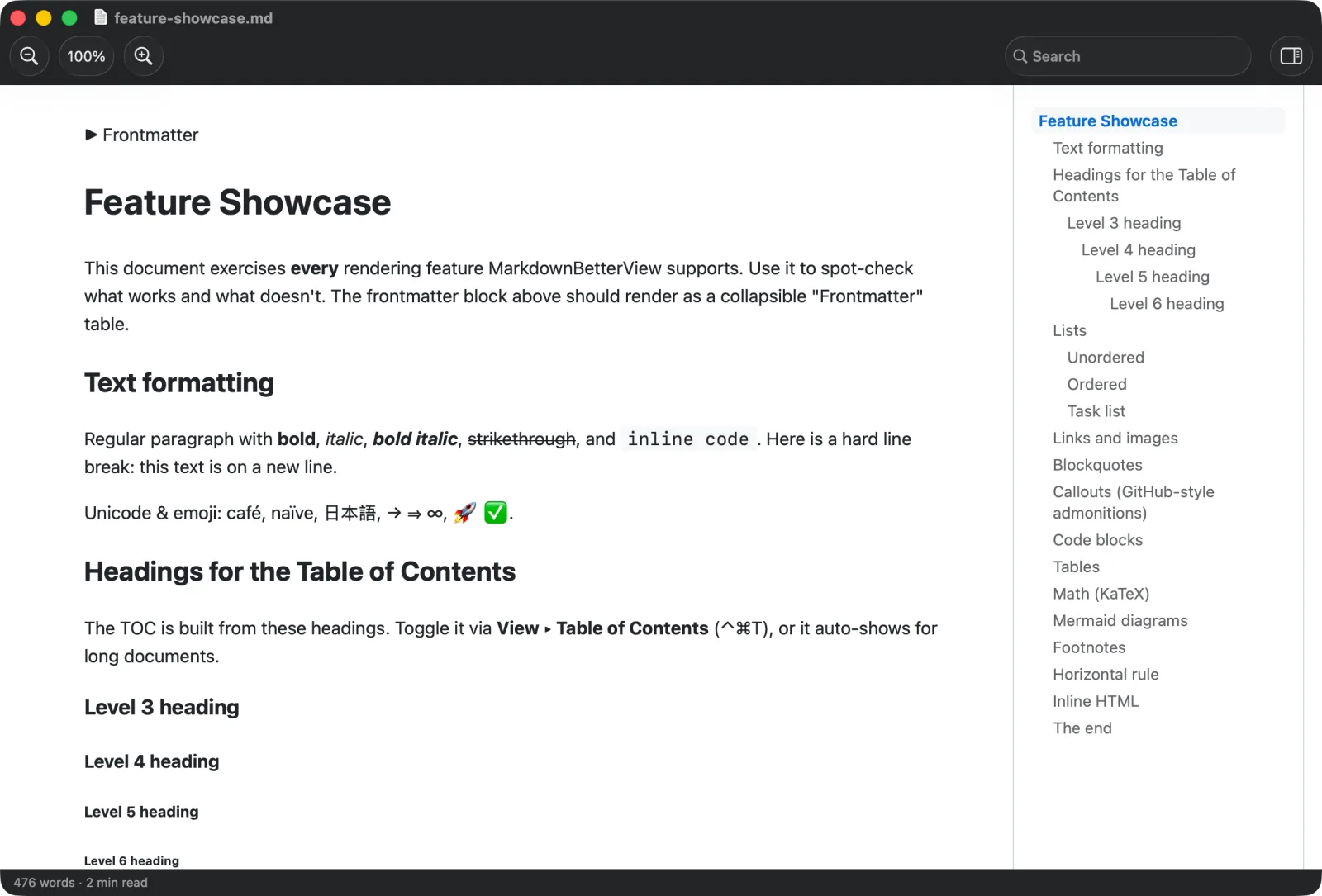 Markdown Better View rendering a Markdown document with a live table of contents